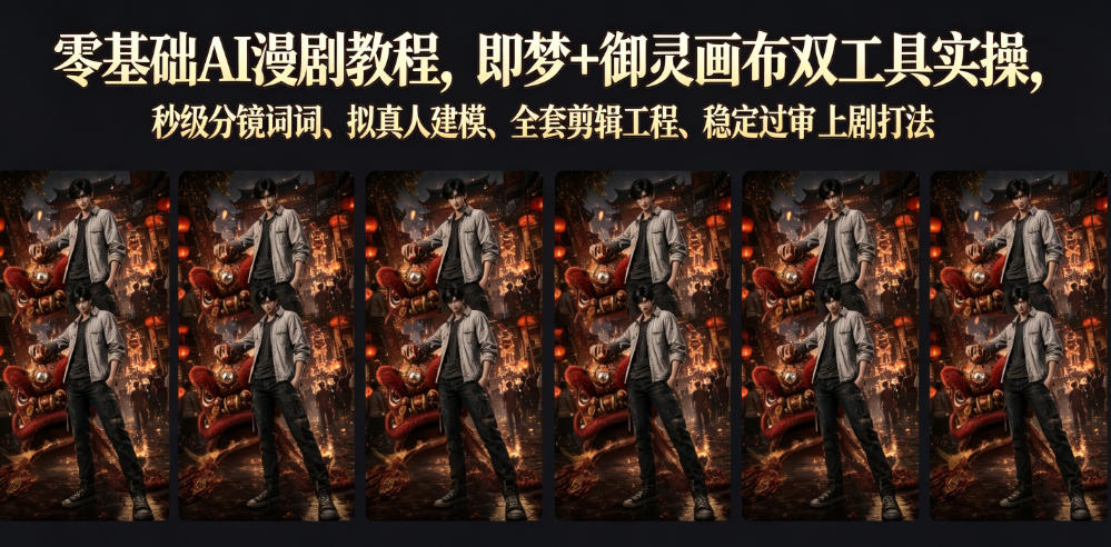 零基础AI漫剧教程，即梦+御灵画布双工具实操，秒级分镜提示词、拟真人建模、全套剪辑工程、稳定过审上剧打法-天梦资源网