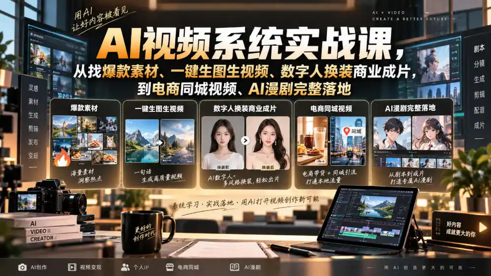 AI视频系统实战课，从找爆款素材、一键生图生视频、数字人换装商业成片，到电商同城视频、AI漫剧完整落地-天梦资源网