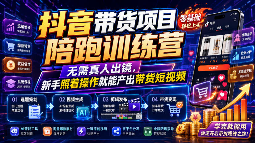抖音带货项目陪跑训练营，无需真人出镜，新手照着操作就能产出带货短视频-天梦资源网