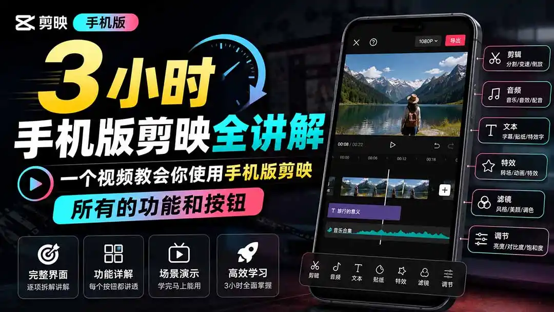 3小时手机版剪映全讲解，一个视频教会你使用手机版剪映，所有的功能和按钮-天梦资源网