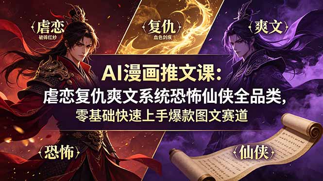 AI漫画推文课：虐恋复仇爽文系统恐怖仙侠全品类，零基础快速上手爆款图文赛道-天梦资源网
