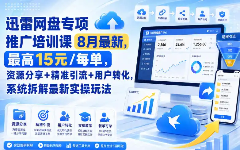 迅雷网盘专项推广培训课8月最新，最高15米/每单，资源分享+精准引流+用户转化，系统拆解最新实操玩法(更新0824)-天梦资源网