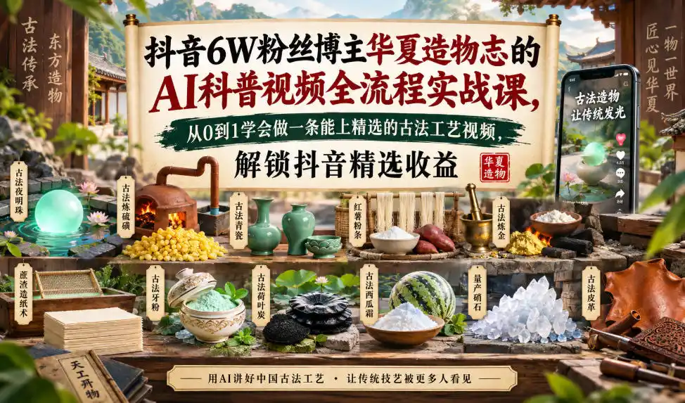 抖音6W粉丝博主华夏造物志的AI科普视频全流程实战课，从0到1学会做一条能上精选的古法工艺视频，解锁抖音精选收益-天梦资源网