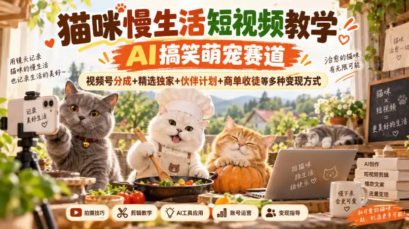 猫咪慢生活短视频教学，AI搞笑萌宠赛道，视频号分成+精选独家+伙伴计划+商单收徒等多种变现方式-天梦资源网