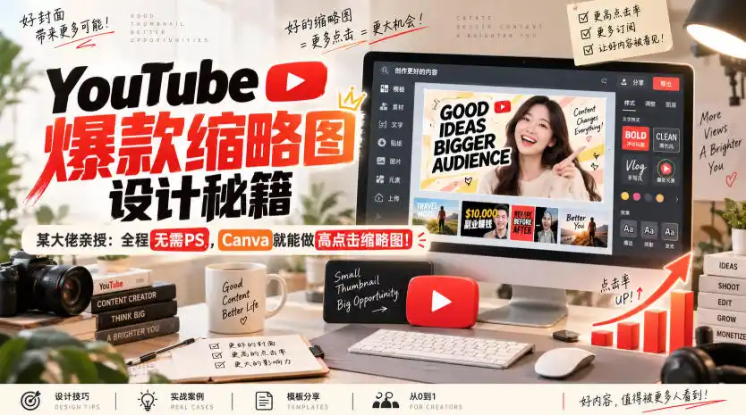YouTube爆款缩略图设计秘籍，某油管大佬(610万订阅者)亲授，全程无需PS，Canva就能做高点击缩略图！【原创双语字幕】-天梦资源网