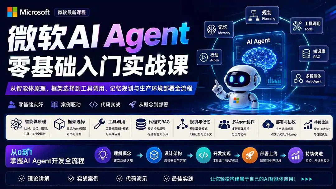微软AI Agent零基础入门实战课：从智能体原理、框架选择到工具调用、记忆规划与生产环境部署全流程-天梦资源网