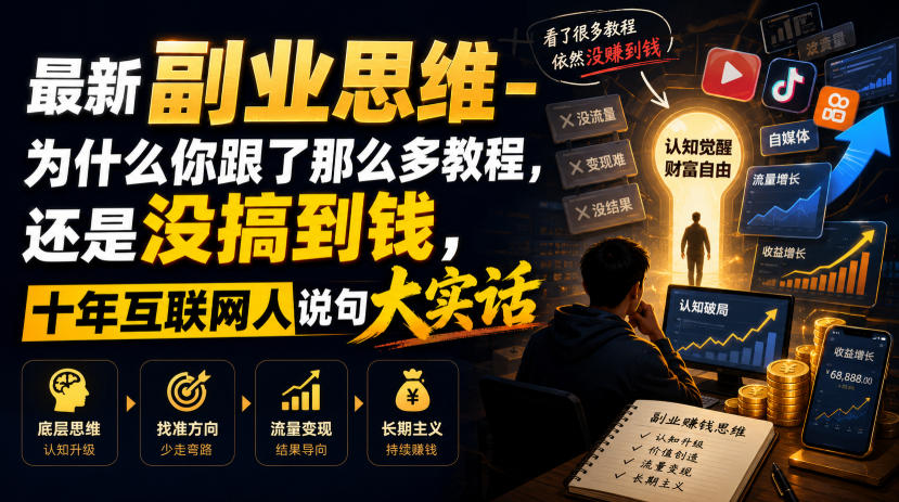 最新副业思维-为什么你跟了那么多教程，还是没搞到钱，十年互联网人说句大实话【揭秘】-天梦资源网