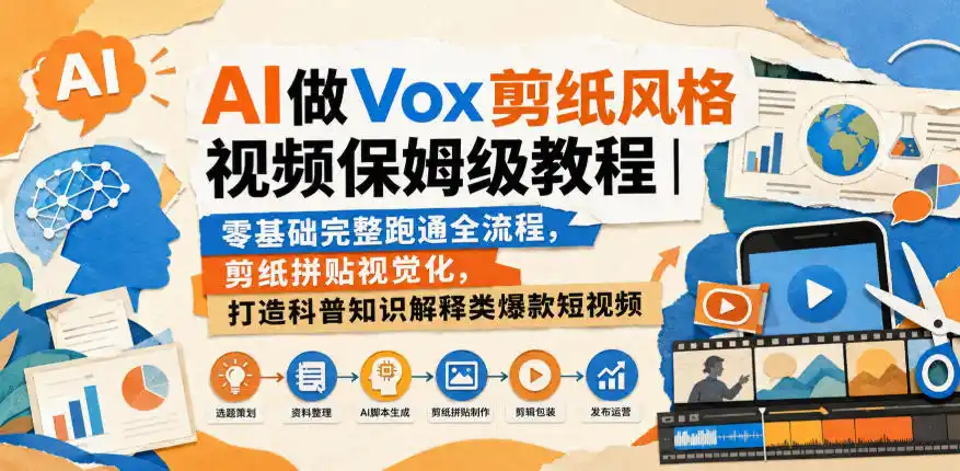 AI做Vox剪纸风格视频保姆级教程｜零基础完整跑通全流程，剪纸拼贴视觉化，打造科普知识解释类爆款短视频-天梦资源网