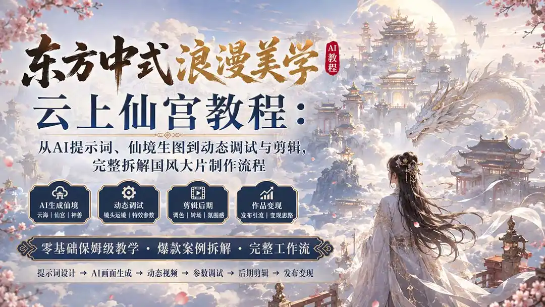 东方中式浪漫美学云上仙宫教程：从AI提示词、仙境生图到动态调试与剪辑，完整拆解国风大片制作流程-天梦资源网
