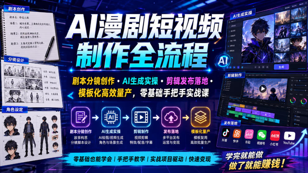 AI漫剧短视频制作全流程｜剧本分镜创作・AI生成实操・剪辑发布落地・模板化高效量产，零基础手把手实战课-天梦资源网