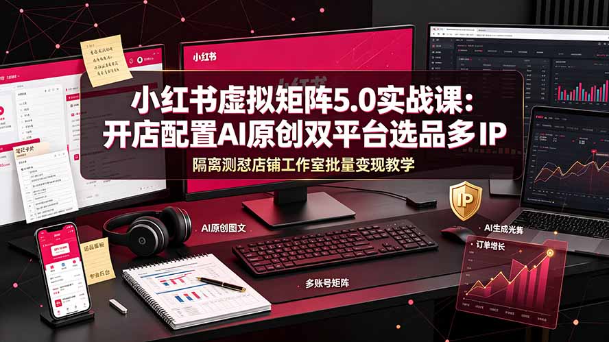 小红书虚拟矩阵5.0实战课：开店配置｜AI原创｜双平台选品｜多IP隔离｜测怼店铺工作室批量变现实操教学-天梦资源网