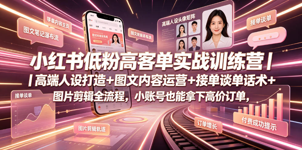 小红书低粉高客单实战训练营｜高端人设打造+图文内容运营+接单谈单话术+图片剪辑全流程，小账号也能拿下高价订单-天梦资源网
