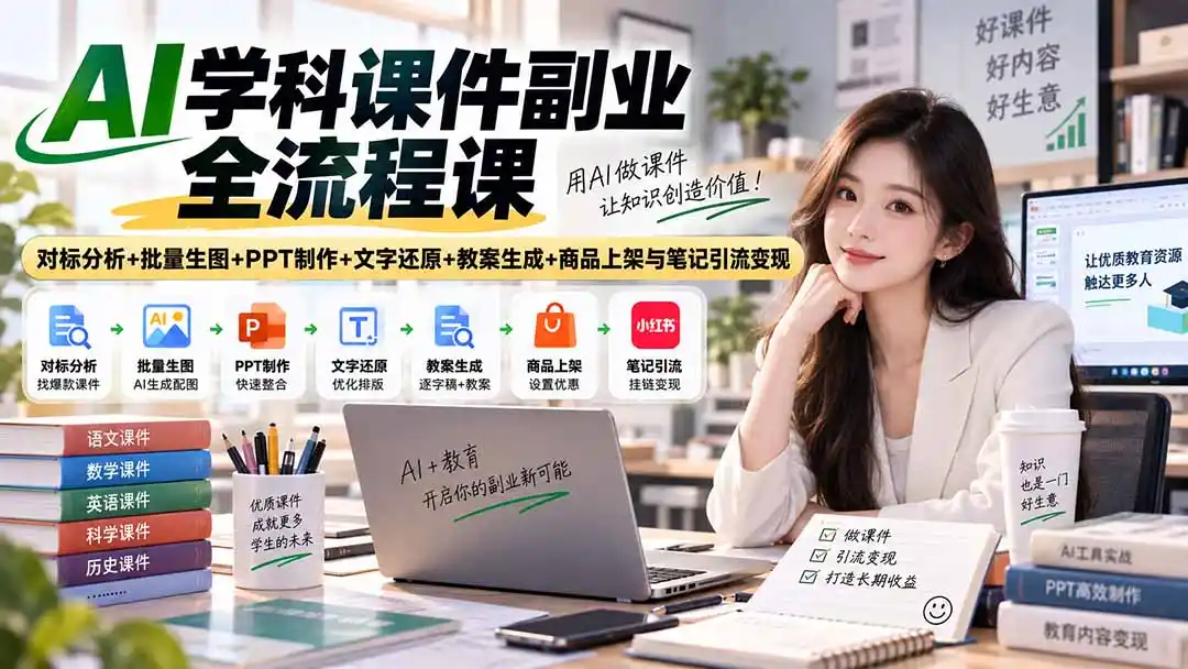 AI学科课件副业全流程课｜对标分析+批量生图+PPT制作+文字还原+教案生成+商品上架与笔记引流变现-天梦资源网