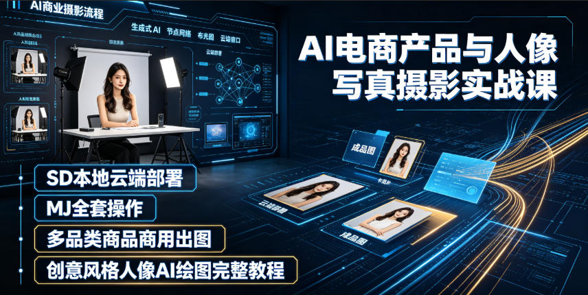 AI电商产品与人像写真摄影实战课｜SD本地云端部署、MJ全套操作、多品类商品商用出图、创意风格人像AI绘图完整教程-天梦资源网