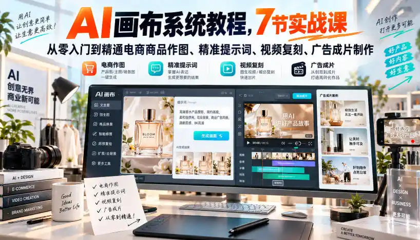 AI画布系统教程，7节实战课从零入门到精通电商商品作图、精准提示词、视频复刻、广告成片制作-天梦资源网