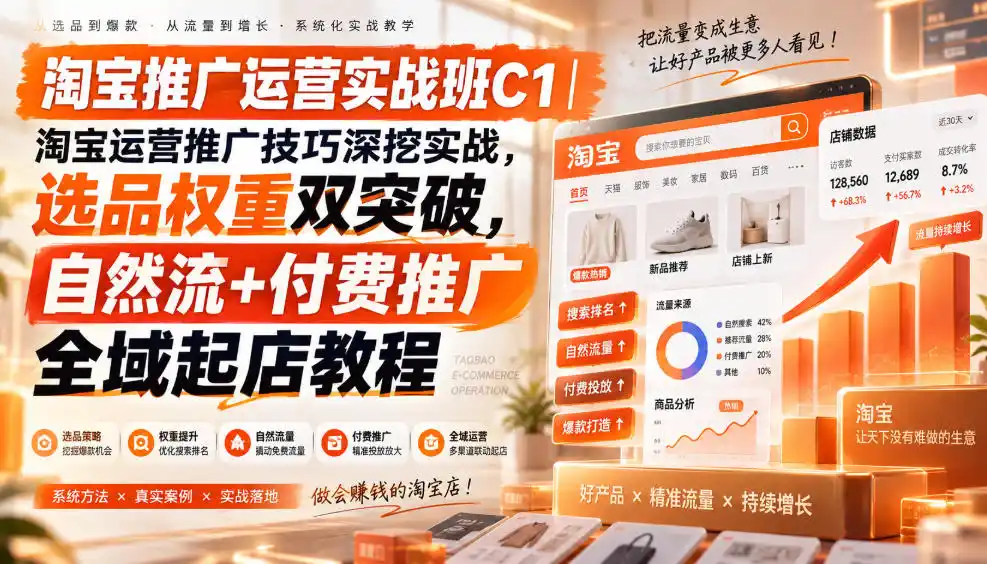 淘宝推广运营实战班C1｜淘宝运营推广技巧深挖实战，选品权重双突破，自然流+付费推广全域起店教程-天梦资源网