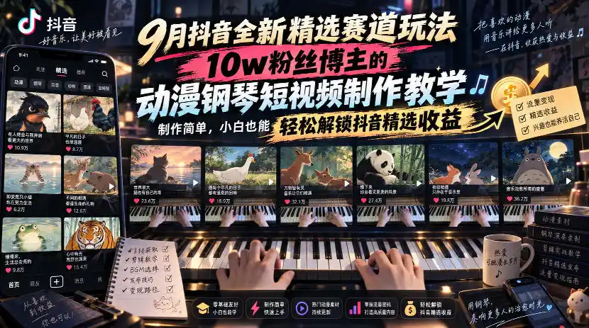 9月抖音全新精选赛道玩法，10w粉丝博主的动漫钢琴短视频制作教学，制作简单，小白也能轻松解锁抖音精选收益-天梦资源网