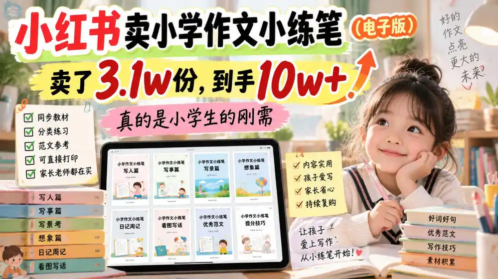 小红书卖小学作文小练笔(电子版)，卖了3.1w份，到手10w+，真的是小学生的刚需-天梦资源网