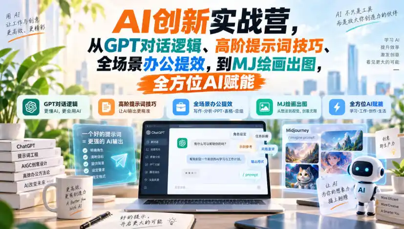 AI创新实战营，从GPT对话逻辑、高阶提示词技巧、全场景办公提效，到MJ绘画出图，全方位AI赋能-天梦资源网