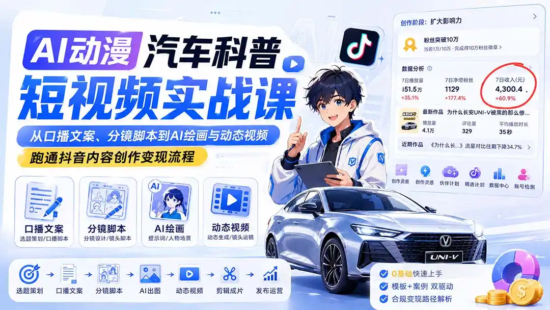 AI动漫汽车科普短视频实战课：从口播文案、分镜脚本到AI绘画与动态视频，跑通抖音内容创作变现流程-天梦资源网