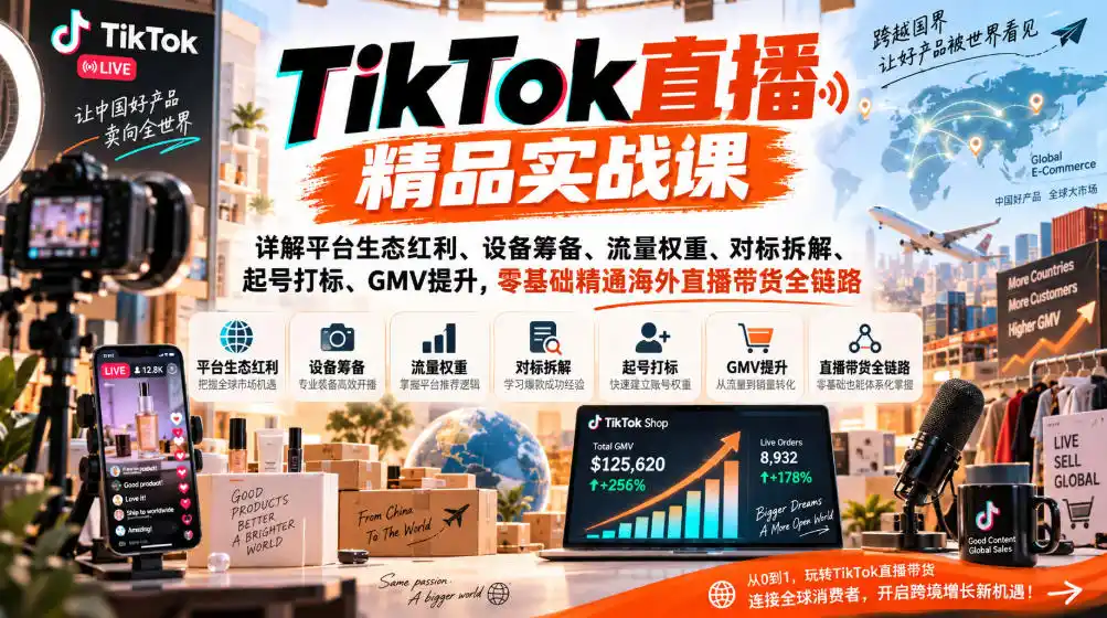 TikTok直播精品实战课，详解平台生态红利、设备筹备、流量权重、对标拆解、起号打标、GMV提升，零基础精通海外直播带货全链路-天梦资源网