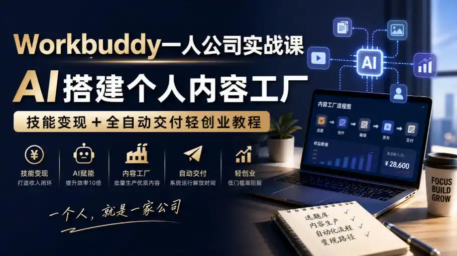 Workbuddy一人公司实战课，AI搭建个人内容工厂，技能变现+全自动交付轻创业教程-天梦资源网