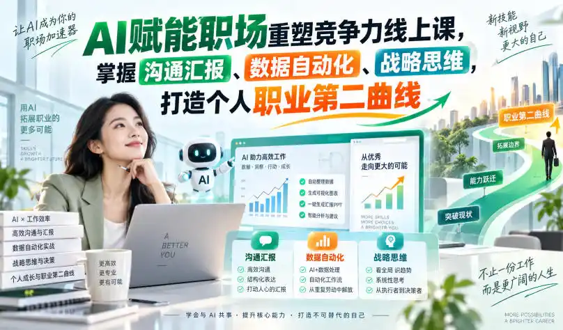 AI赋能职场重塑竞争力线上课，掌握沟通汇报、数据自动化、战略思维，打造个人职业第二曲线-天梦资源网