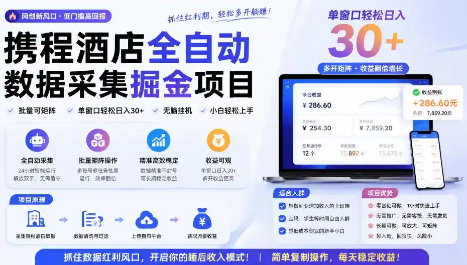 携程酒店采集挂G项目，批量可矩阵，单机轻松日入300+，开启你的睡后收入模式!【揭秘】-天梦资源网