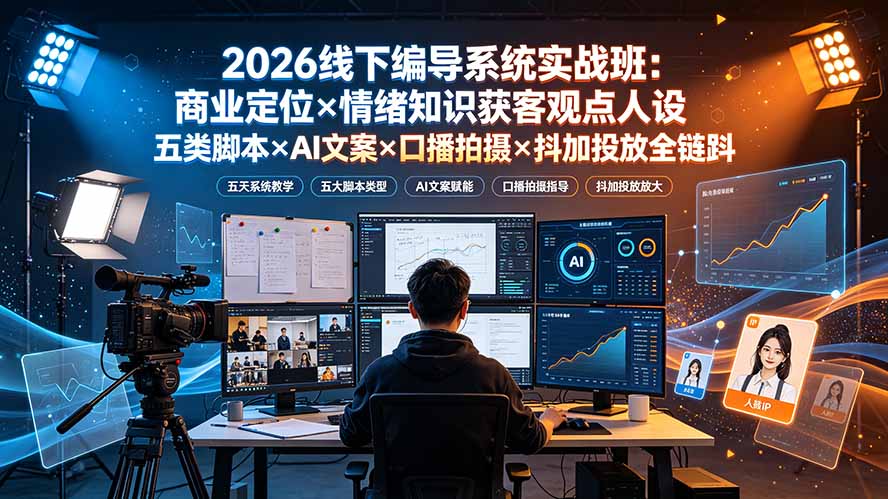 2026线下编导系统实战班：商业定位×情绪知识获客观点人设五类脚本×AI文案×口播拍摄×抖加投放全链路-天梦资源网