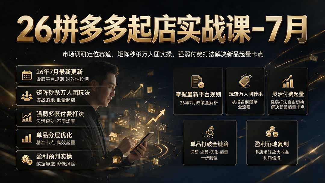 26拼多多起店实战课-7月｜市场调研定位赛道，矩阵秒杀万人团实操，强弱付费打法解决新品起量卡点-天梦资源网