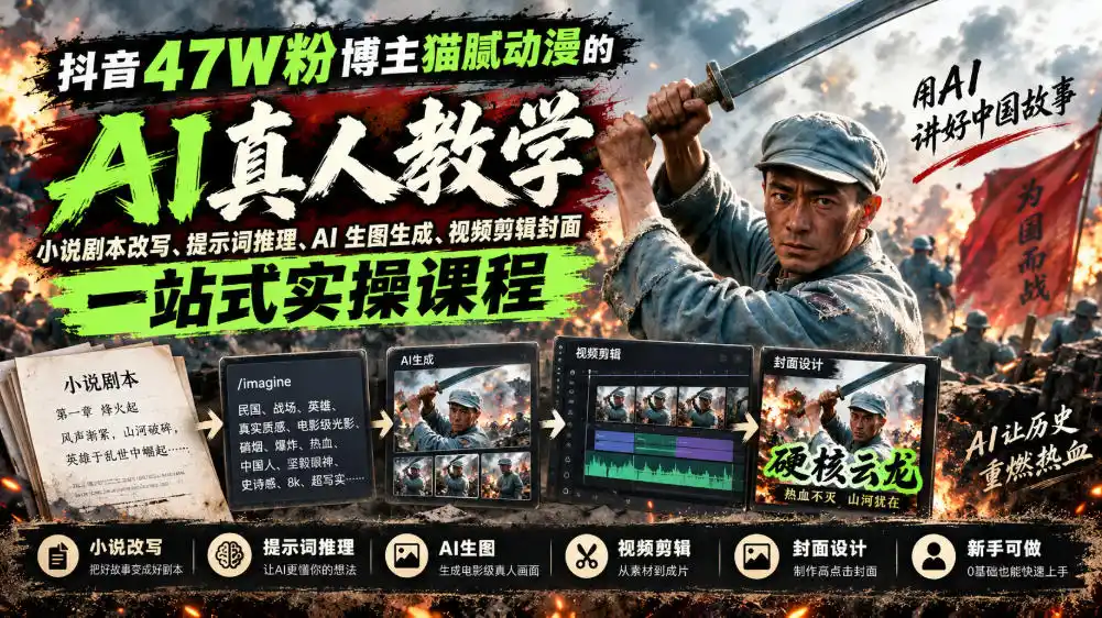 抖音47W粉博主猫腻动漫的AI真人漫剧教学，小说剧本改写、提示词推理、AI生图生成、视频剪辑封面一站式实操课程-天梦资源网