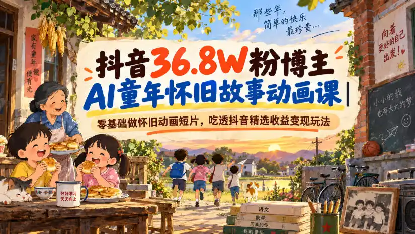 抖音36.8W粉博主AI童年怀旧故事动画课｜零基础做怀旧动画短片，吃透抖音精选收益变现玩法-天梦资源网