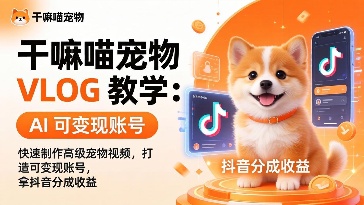 干嘛喵宠物 VLOG 教学：AI 快速制作高级宠物视频，打造可变现账号，拿抖音分成收益-天梦资源网