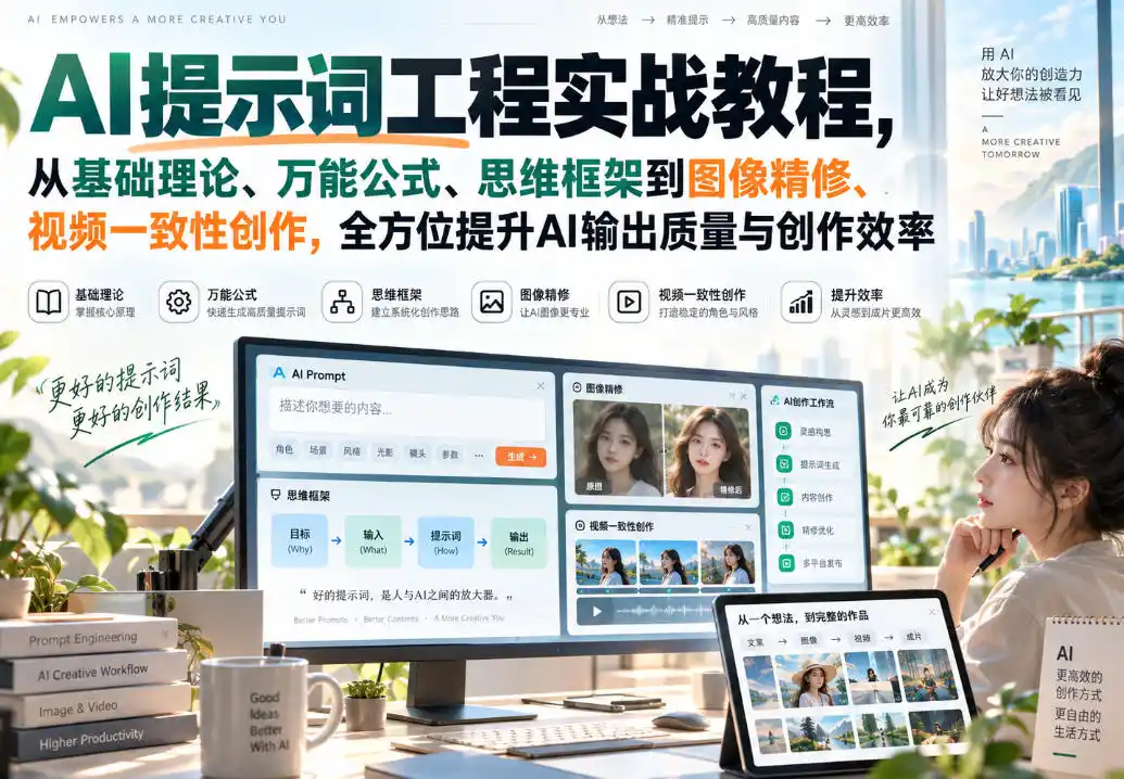AI提示词工程实战教程，从基础理论、万能公式、思维框架到图像精修、视频一致性创作，全方位提升AI输出质量与创作效率-天梦资源网