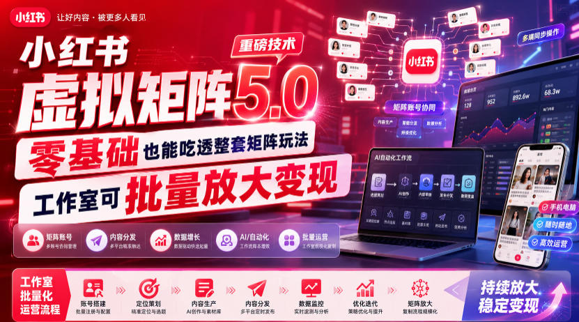 小红书虚拟矩阵5.0重磅技术，零基础也能吃透整套矩阵玩法，工作室可批量放大变现-天梦资源网