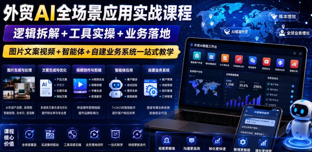外贸AI全场景应用实战课程｜逻辑拆解+工具实操+业务落地，图片文案视频+智能体+自建业务系统一站式教学-天梦资源网