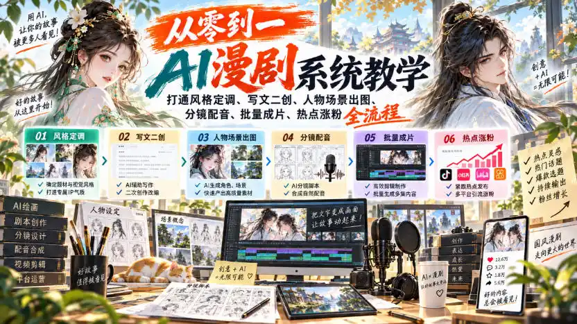 从零到一AI漫剧系统教学，打通风格定调、写文二创、人物场景出图、分镜配音、批量成片、热点涨粉全流程-天梦资源网