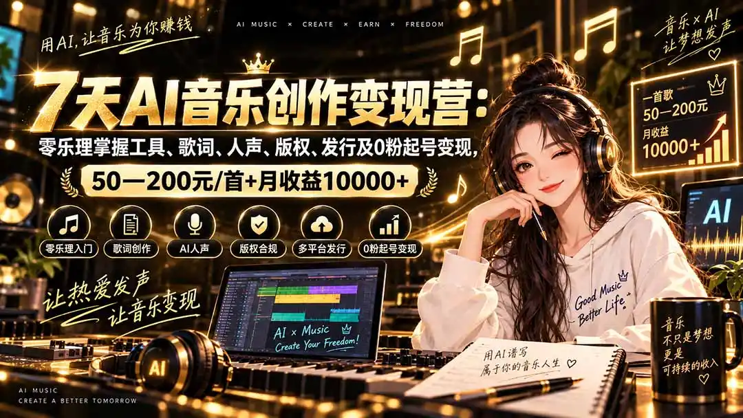 AI音乐创作变现营：零乐理掌握工具、歌词、人声、版权、发行及0粉起号变现，50—200元/首+月收益10000+-天梦资源网