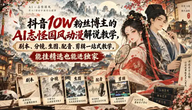 抖音10W粉丝博主满堂诡事的AI志怪国风动漫解说教学，剧本、分镜、生图、配音、剪辑一站式教学，能挂精选也能进独家-天梦资源网