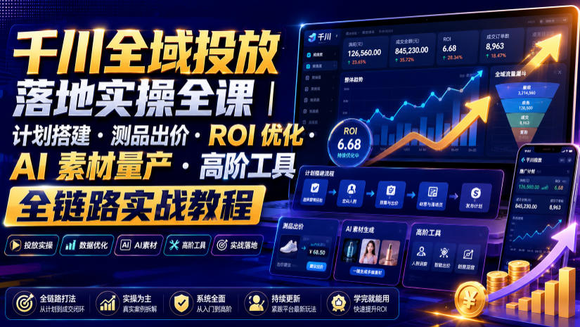 千川全域投放落地实操全课｜计划搭建・测品出价・ROI优化・AI素材量产・高阶工具全链路实战教程-天梦资源网