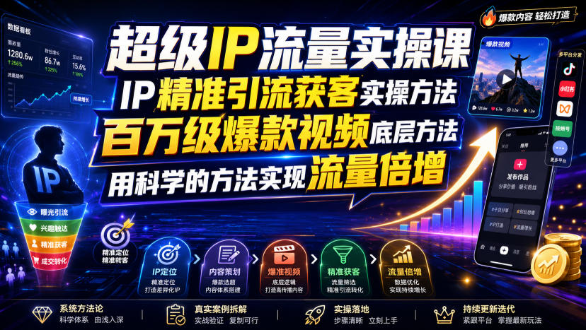 超级IP流量实操课，IP精准引流获客实操方法，百万级爆款视频底层方法，用科学的方法实现流量倍增-天梦资源网