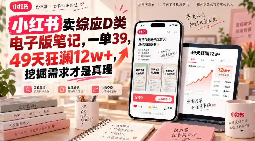 小红书卖综应D类电子版笔记，一单39，49天狂澜12w+，挖掘需求才是真理-天梦资源网
