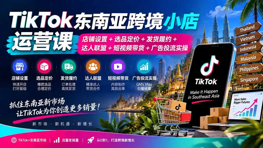 TikTok东南亚跨境小店运营课：店铺设置+选品定价+发货履约+达人联盟+短视频带货+广告投流实操-天梦资源网