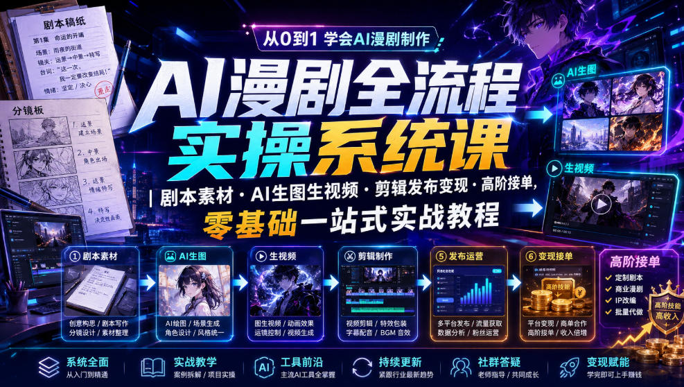 AI漫剧全流程实操系统课｜剧本素材・AI生图生视频・剪辑发布变现・高阶接单，零基础一站式实战教程-天梦资源网
