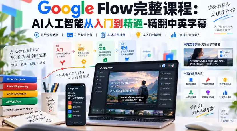 【无水印】Google Flow完整课程：AI人工智能从入门到精通-精翻中英字幕-天梦资源网