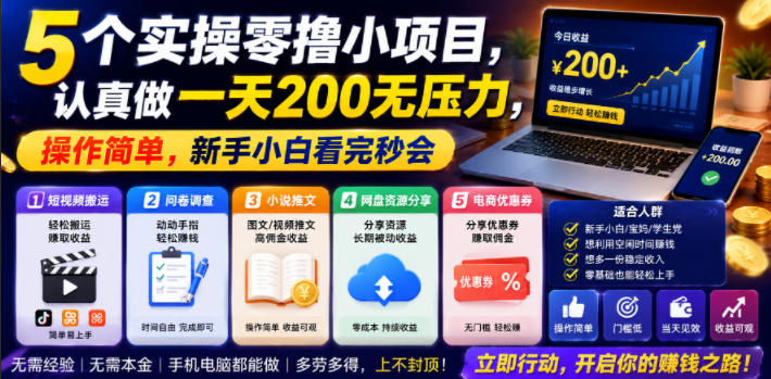 5个实操零撸小项目，认真做一天200无压力，操作简单，新手小白看完秒会【揭秘】-天梦资源网