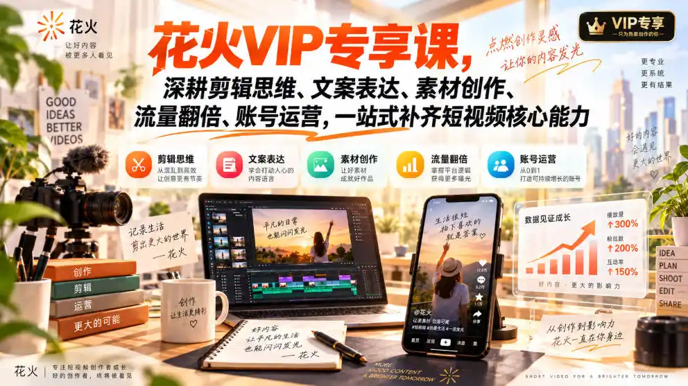 花火VIP专享课，深耕剪辑思维、文案表达、素材创作、流量翻倍、账号运营，一站式补齐短视频核心能力-天梦资源网