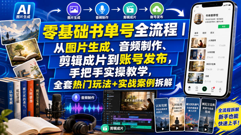 零基础书单号全流程｜从图片生成、音频制作、剪辑成片到账号发布，手把手实操教学，全套热门玩法+实战案例拆解-天梦资源网