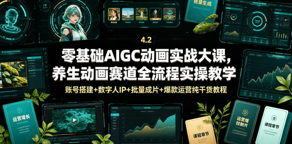 零基础AIGC动画实战大课，养生动画赛道全流程实操教学，账号搭建+数字人IP+批量成片+爆款运营纯干货教程-天梦资源网