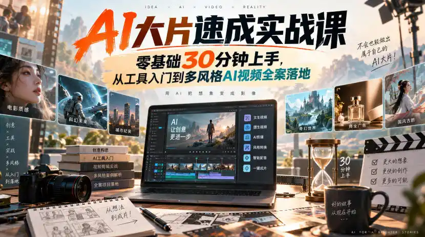 AI大片速成实战课｜零基础30分钟上手，从工具入门到多风格AI视频全案落地-天梦资源网